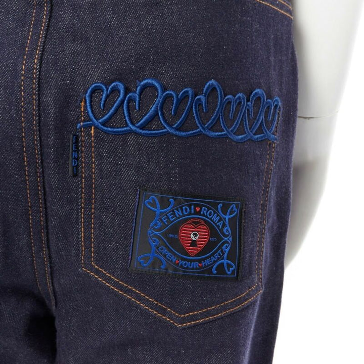 FENDI PF18 indigo blue crisp denim straight jeans 3/4 heart embroidery IT40 S