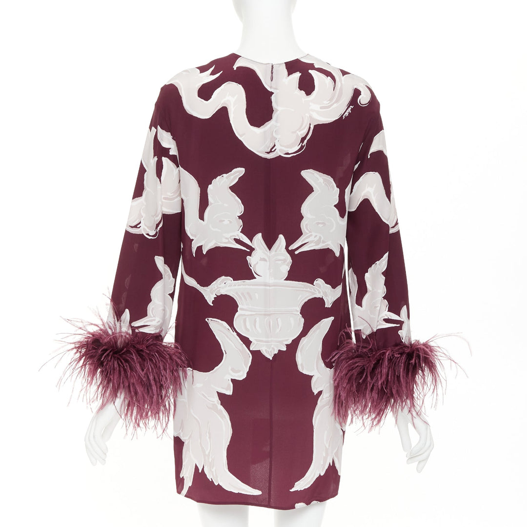 VALENTINO 2024 Runway Metamorphosis Gryphon print feather cuff silk dress IT40 S