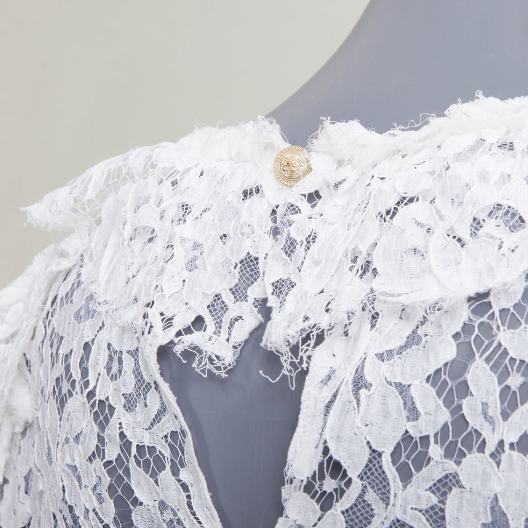 CHANEL 2017 Paris-Cosmopolite white open weave lace ruffle shirt blouse FR38 M