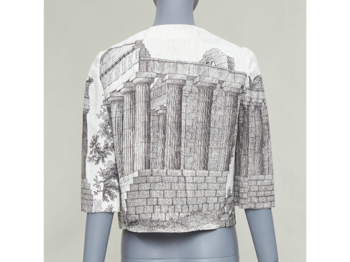 DOLCE GABBANA 2014 cream linen grey Greek Temple printed flax crop jacket IT40 S