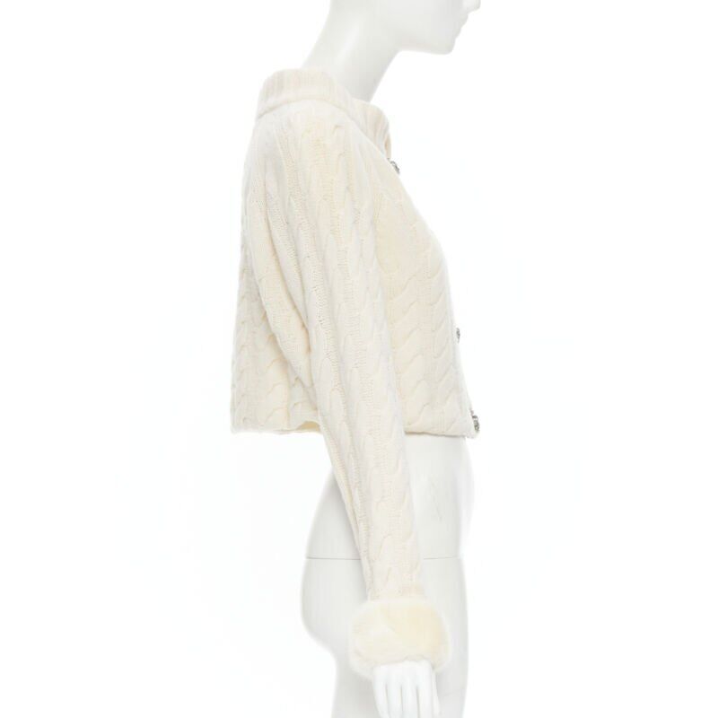 ANNA MOLINARI wool angora cream knit crystal button fur cuff cardigan IT40 S