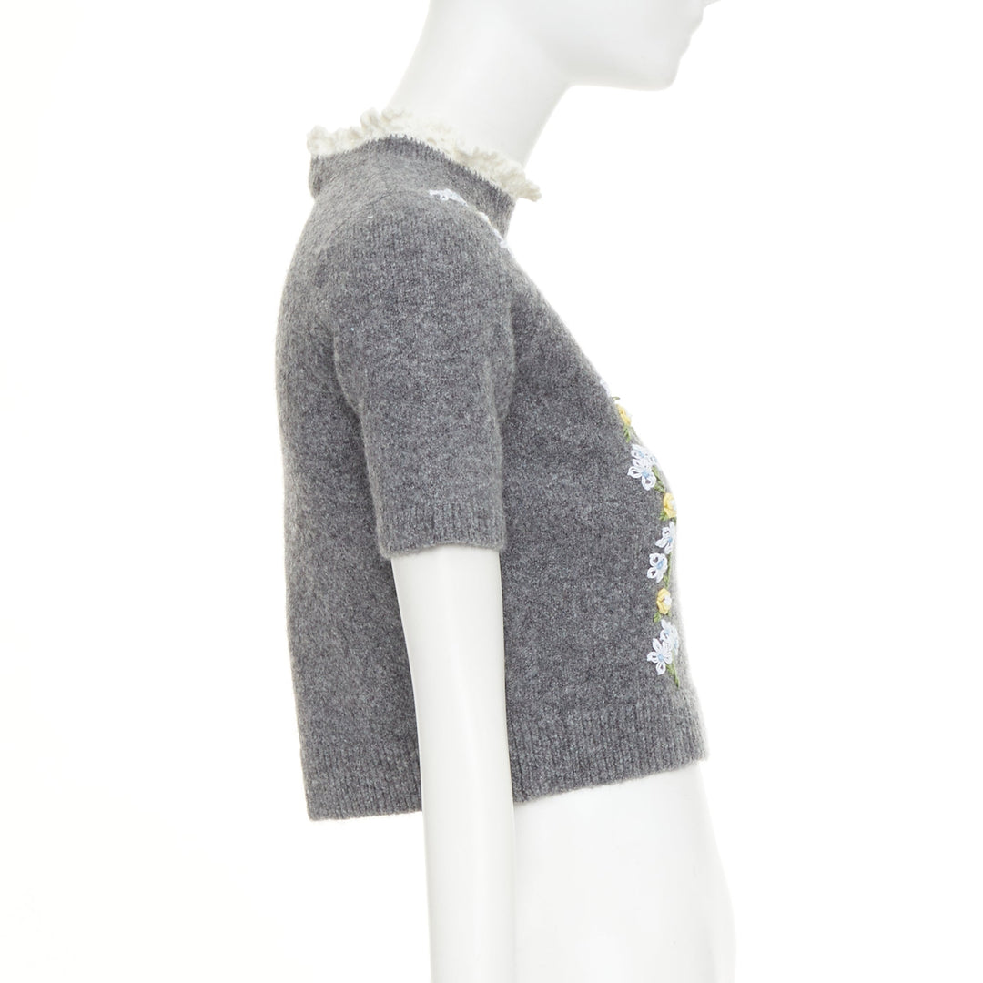 SHUSHU TONG 2024 grey wool embroidered florals lace trim cropped sweater UK6 XS