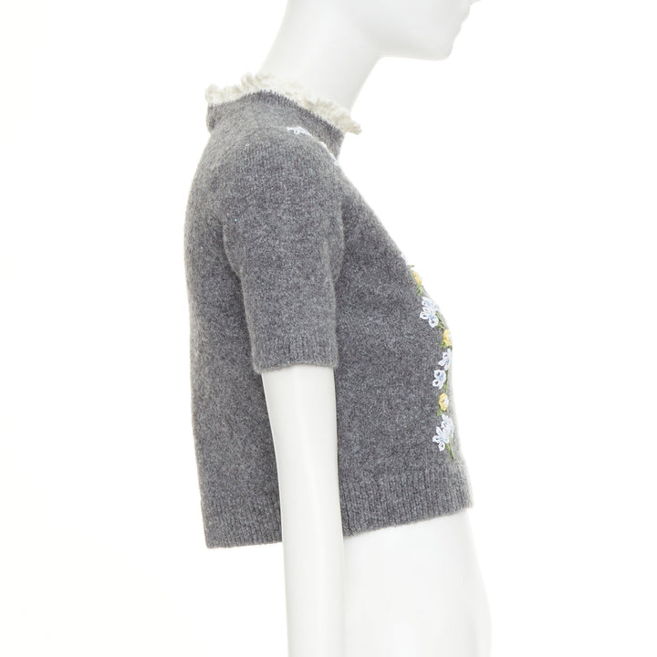SHUSHU TONG 2024 grey wool embroidered florals lace trim cropped sweater UK6 XS