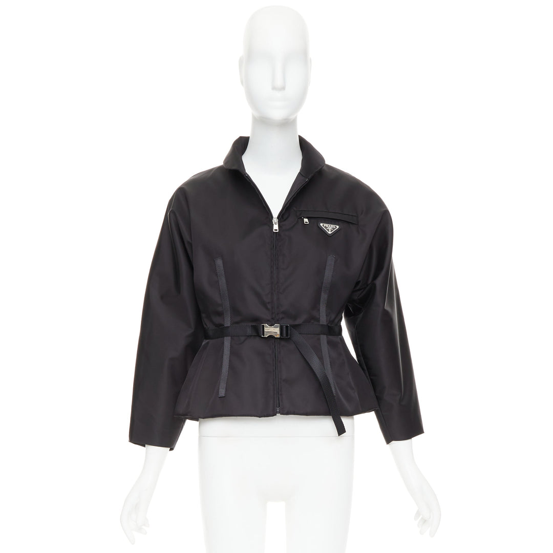 PRADA 2021 Re-Nylon black silver triangle logo contour waist belt jacket IT42 M