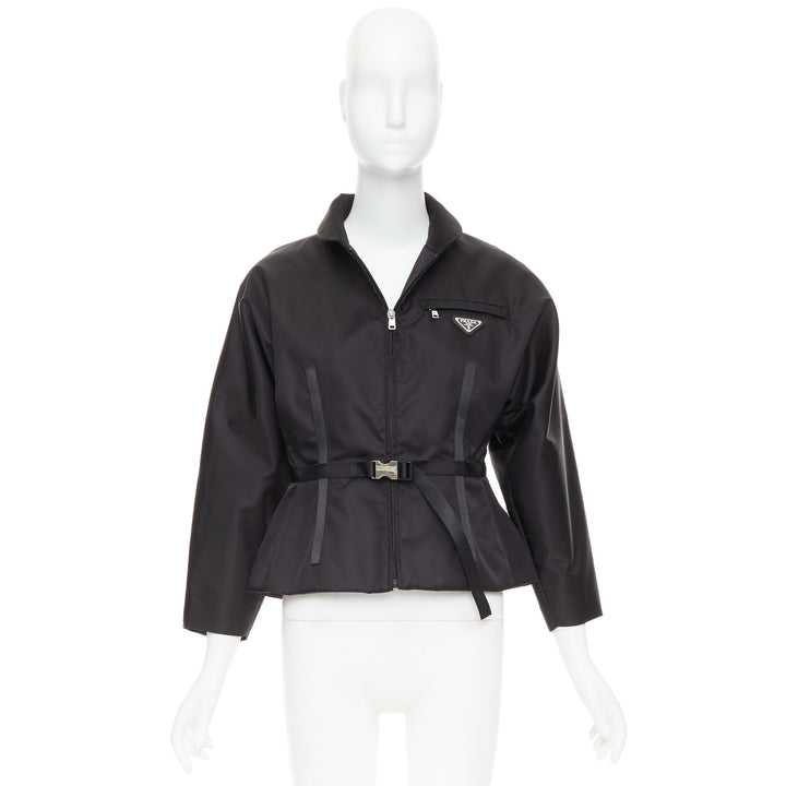PRADA 2021 Re-Nylon black silver triangle logo contour waist belt jacket IT42 M