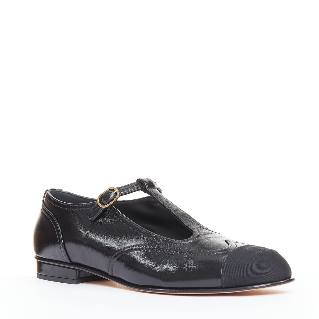 CHANEL 2023 black leather grosgrain CC cap toe T-Strap mary jane flats EU39.5