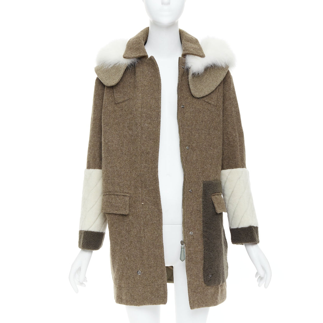 FENDI colorblocked brown wool patchwork fur hooded parka coat IT38 XS