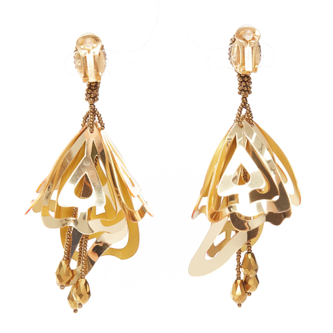 OSCAR DE LA RENTA gold acrylic petals beads floral statement clip earrings Pair