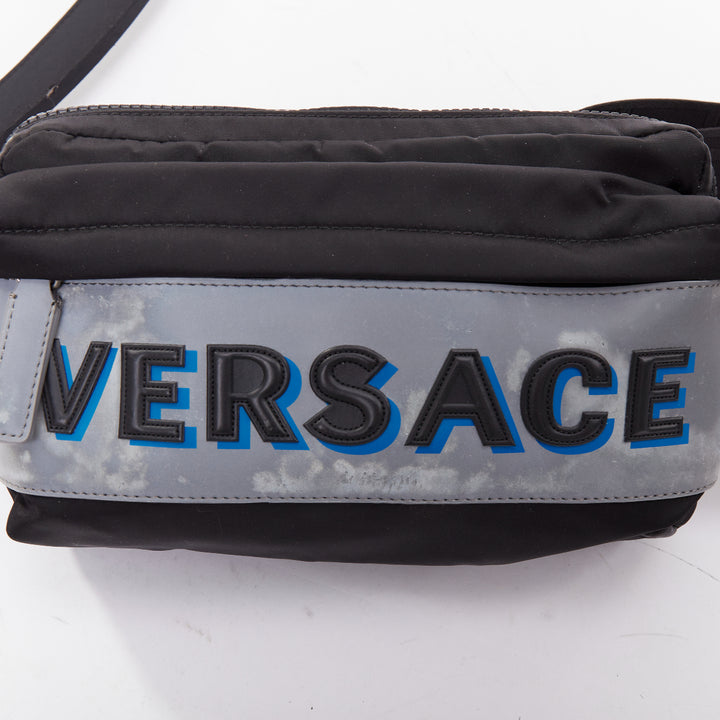 VERSACE reflective logo black nylon Greca strap crossbody belt waist bag