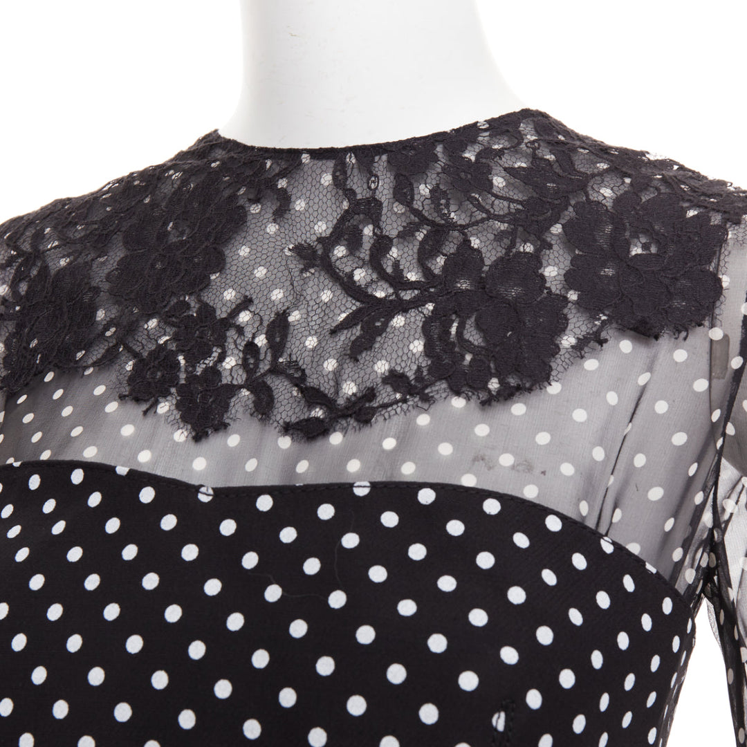VALENTINO black white wool silk crepe polka dot lace overlay pleat dress IT40 S