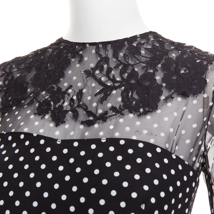VALENTINO black white wool silk crepe polka dot lace overlay pleat dress IT40 S