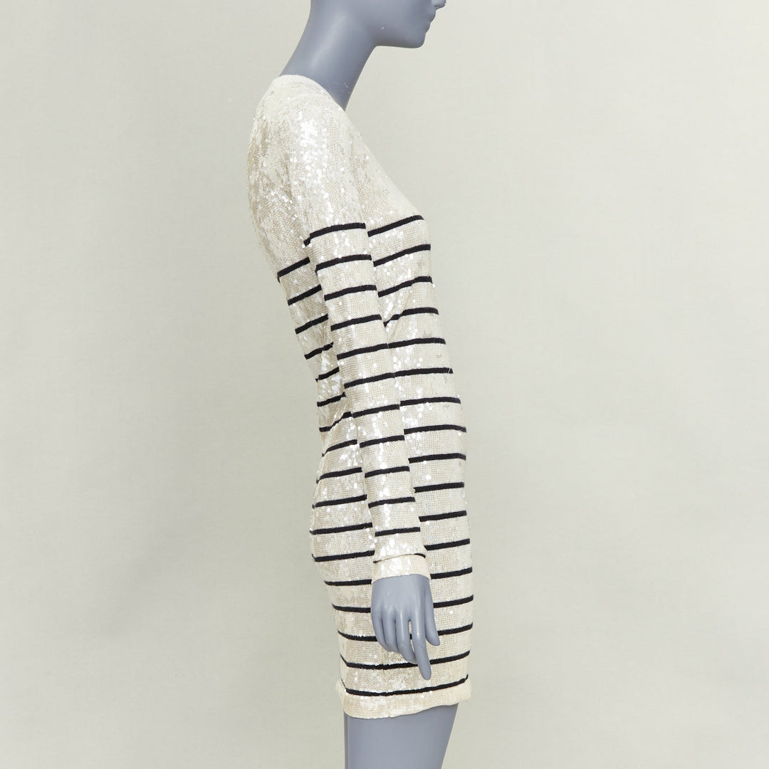 MARKUS LUPFER 100% merino wool cream black striped sequinned knit dress S