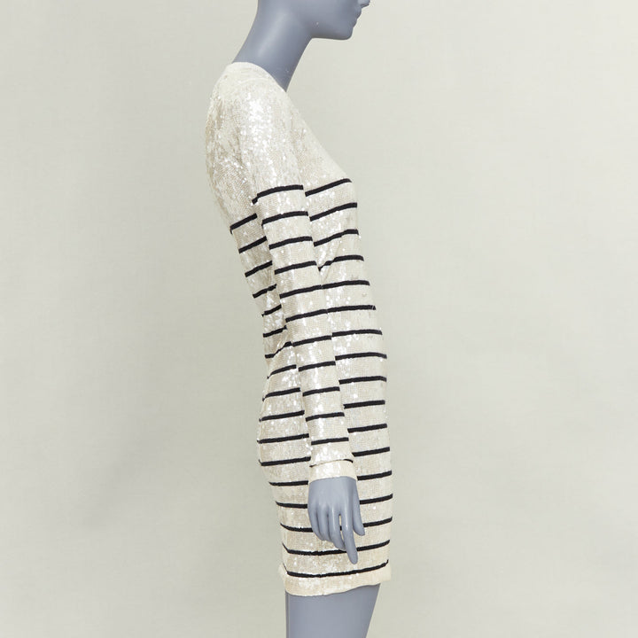 MARKUS LUPFER 100% merino wool cream black striped sequinned knit dress S