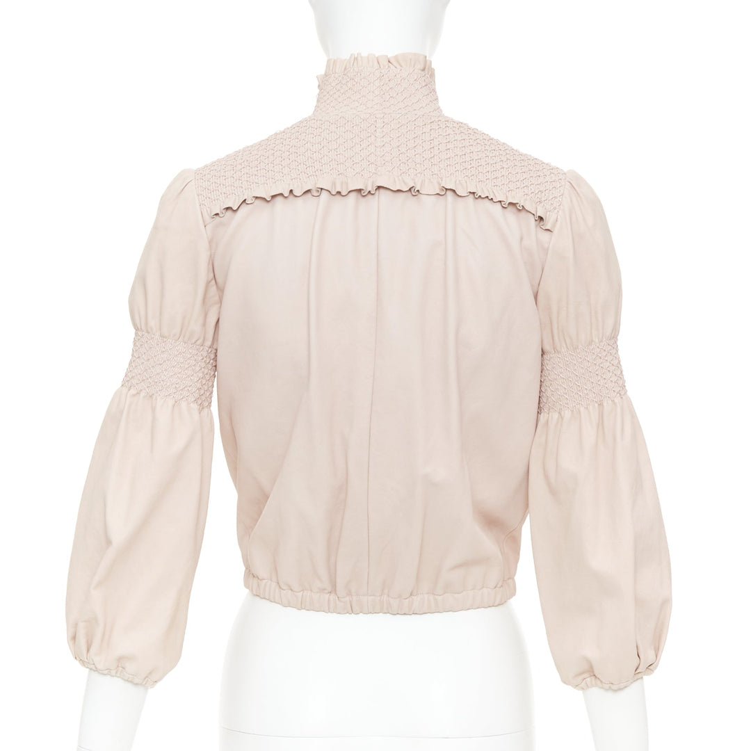 MIU MIU 2019 baby pink smocked lambskin leather ruffled puff crop jacket IT40 S