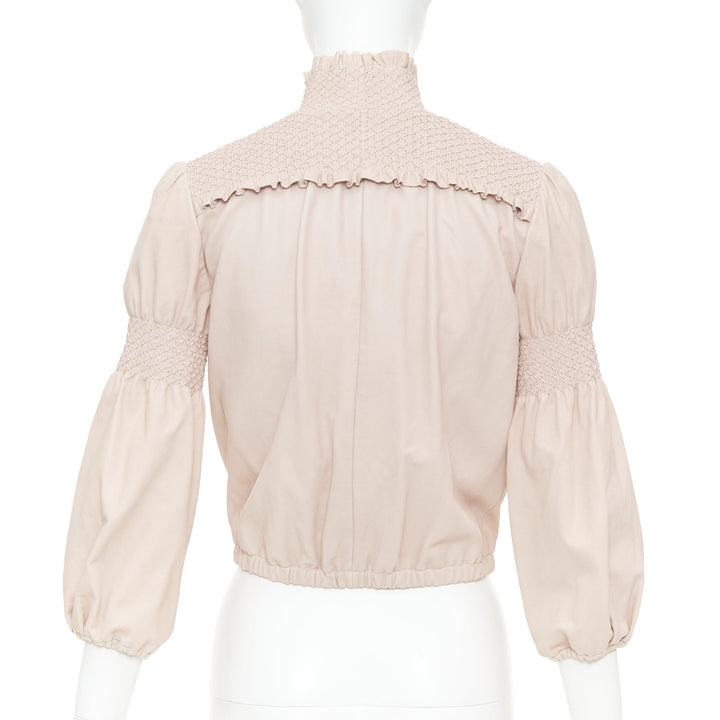 MIU MIU 2019 baby pink smocked lambskin leather ruffled puff crop jacket IT40 S