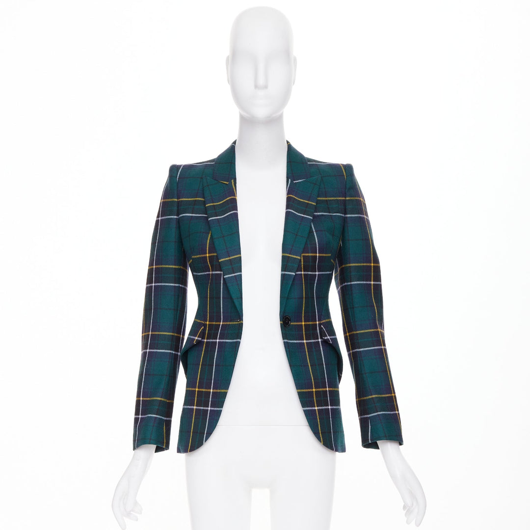 ALEXANDER MCQUEEN 2025 green wool tartan pointed shoulder blazer jacket IT36 XXS