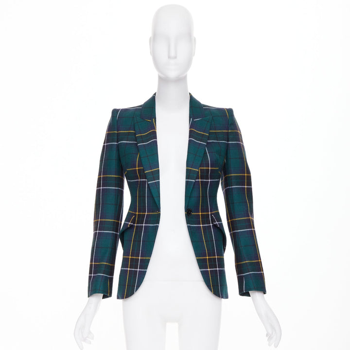 ALEXANDER MCQUEEN 2025 green wool tartan pointed shoulder blazer jacket IT36 XXS