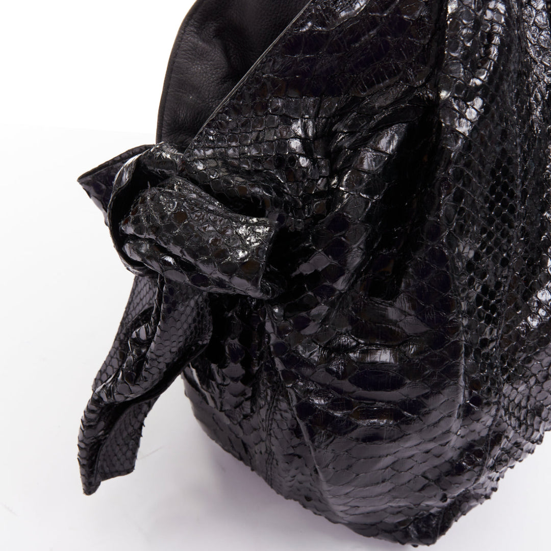VALENTINO black shiny snakeskin leather bow side shoulder hobo bag