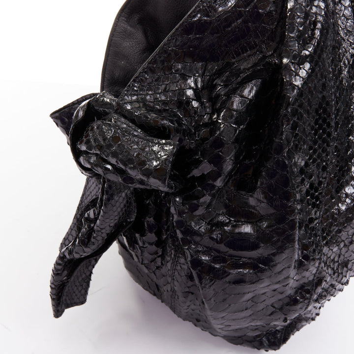 VALENTINO black shiny snakeskin leather bow side shoulder hobo bag