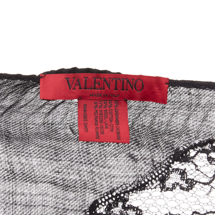 VALENTINO black cashmere bend pleated delicate floral lace trim long scarf