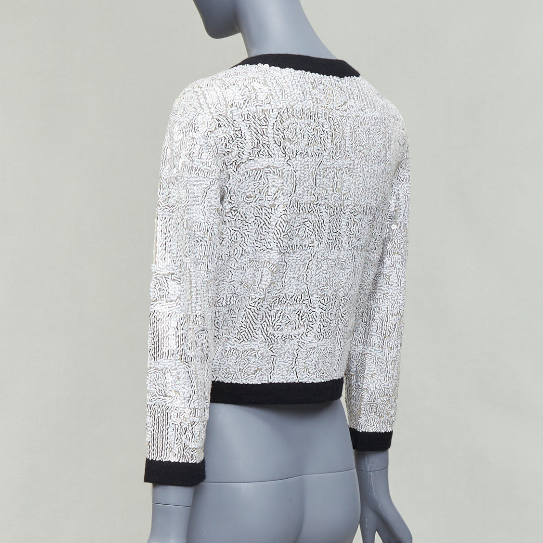 CHANEL 08P white printed sequins beige cashmere black trim cardigan FR34 XS