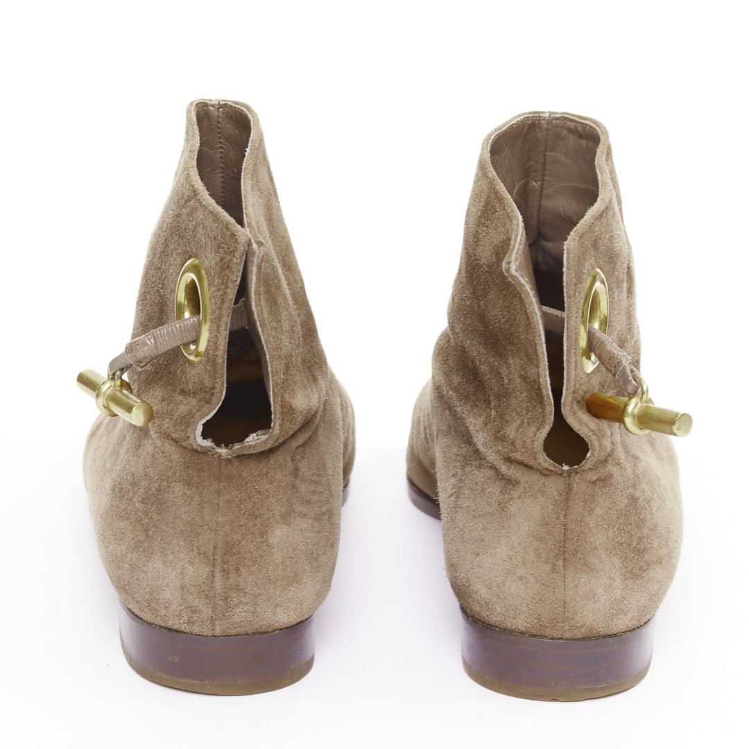 HERMES brown suede gold Kelly toggle hardware point toe ankle boots EU37.5