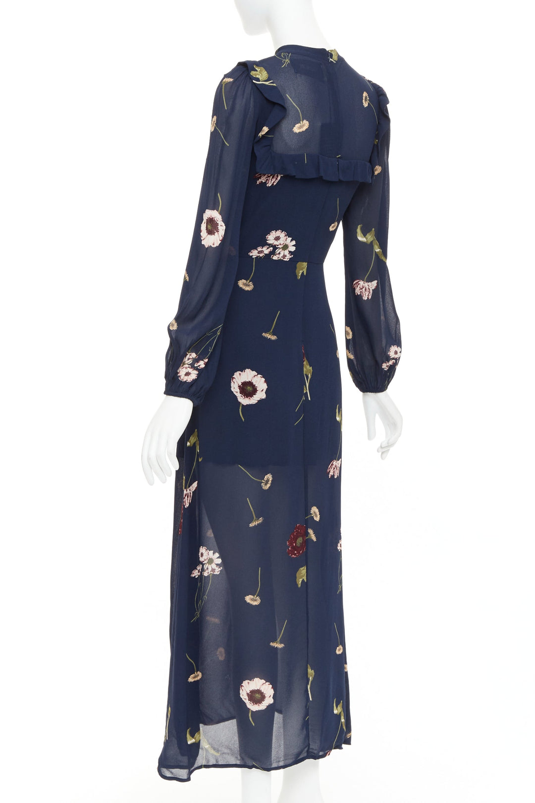 REFORMATION Gillian navy viscose floral print hi neck peasant dress US2 S