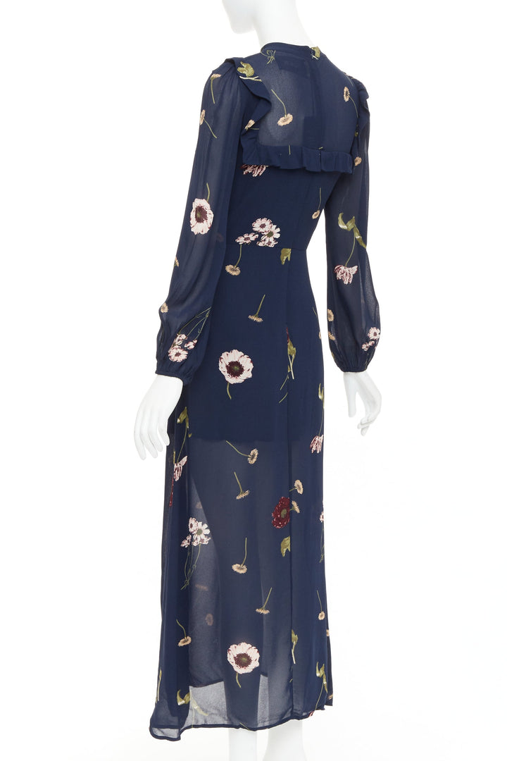 REFORMATION Gillian navy viscose floral print hi neck peasant dress US2 S