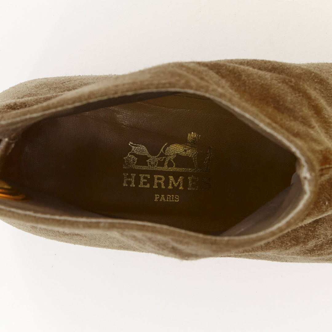 HERMES brown suede gold Kelly toggle hardware point toe ankle boots EU37.5