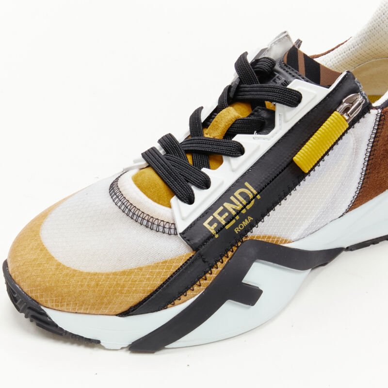 FENDI Flow white yellow brown logo zip low top  sneaker EU36
