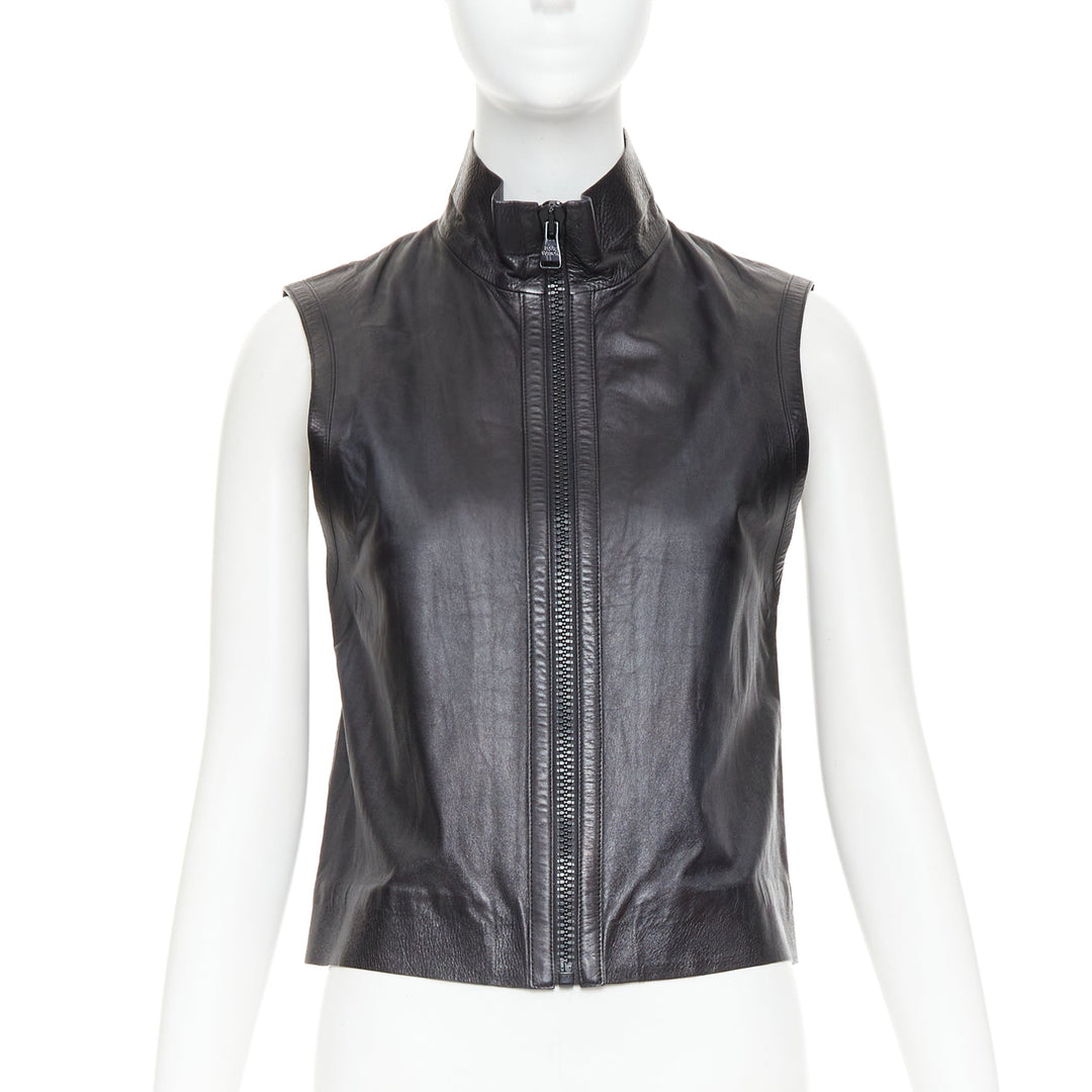 LOUIS VUITTON black leather logo zipper back yoke vest jacket