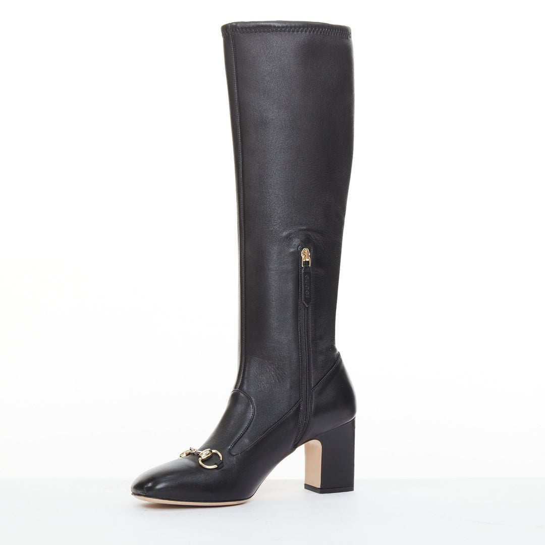 GUCCI Brixton black nappa stretch leather gold horsebit knee high boots EU38.5