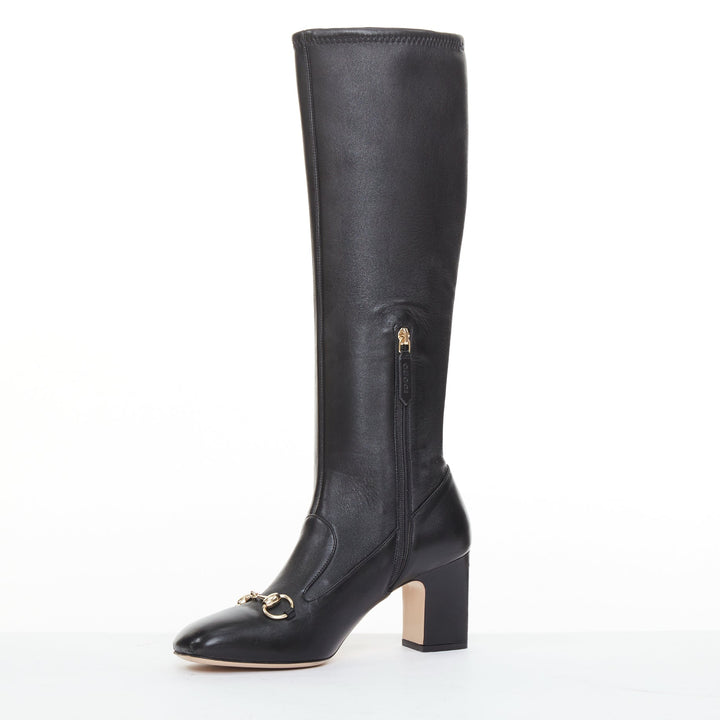 GUCCI Brixton black nappa stretch leather gold horsebit knee high boots EU38.5
