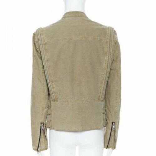 BALMAIN beige khaki washed gridwork cotton asymmetric zip biker jacket L