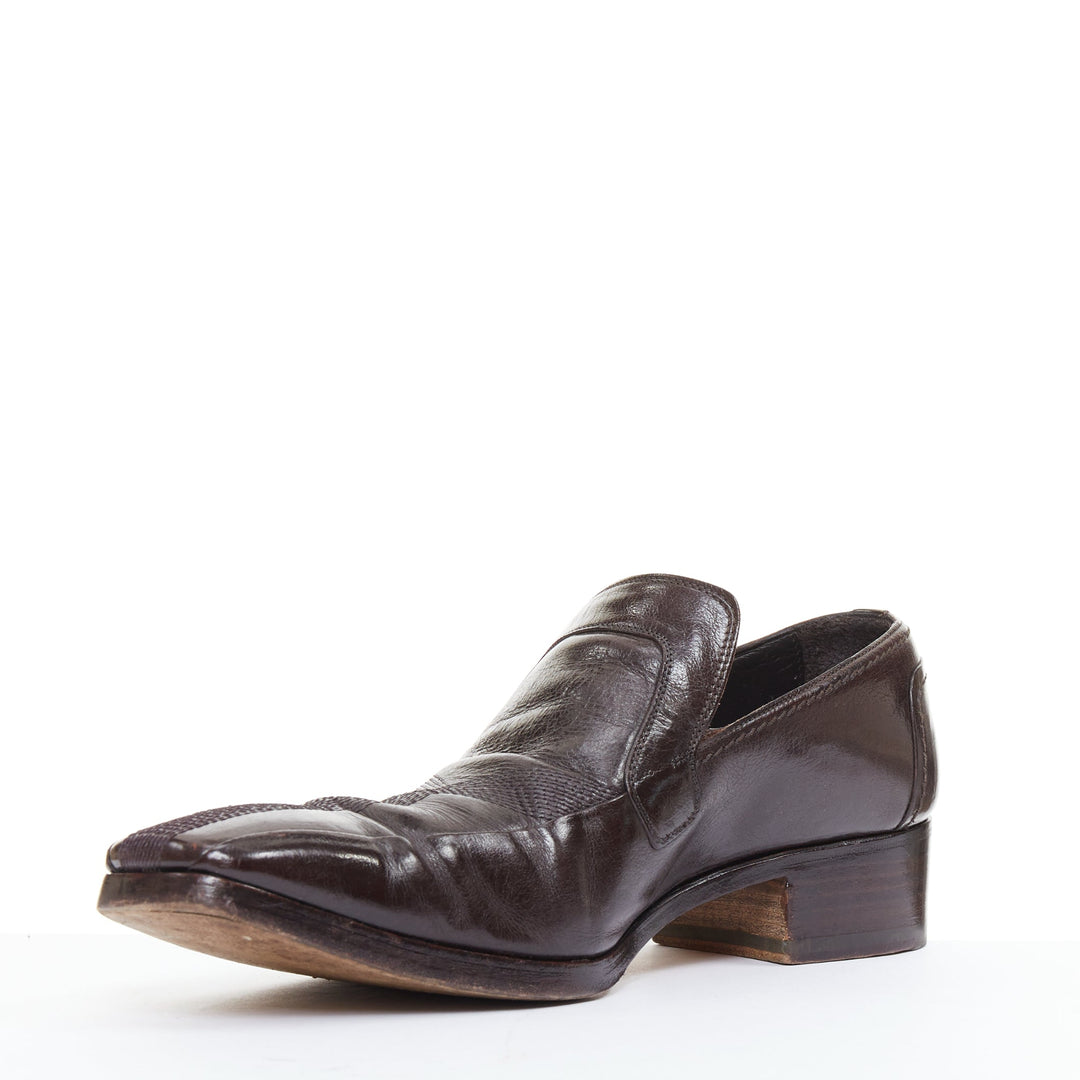 YVES SAINT LAURENT dark brown leather Y overstitch square toe loafers UK7 EU41