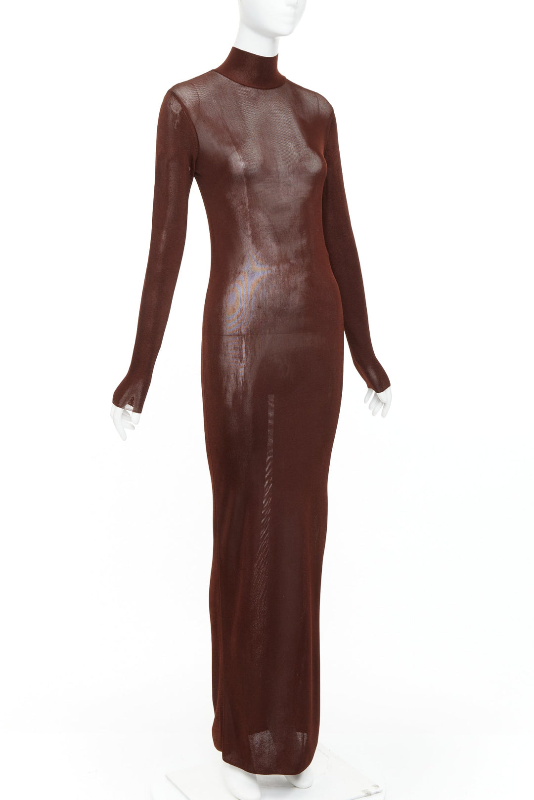 SAINT LAURENT 2023 Runway chocolate dark brown mock neck sheer knit maxi dress S