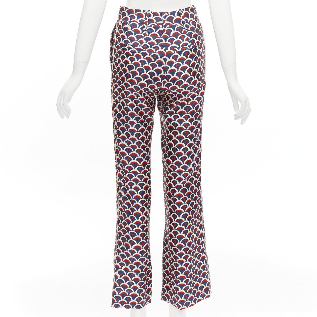 VALENTINO 100% silk  scallop print logo print navy red flared pants IT36 XXS