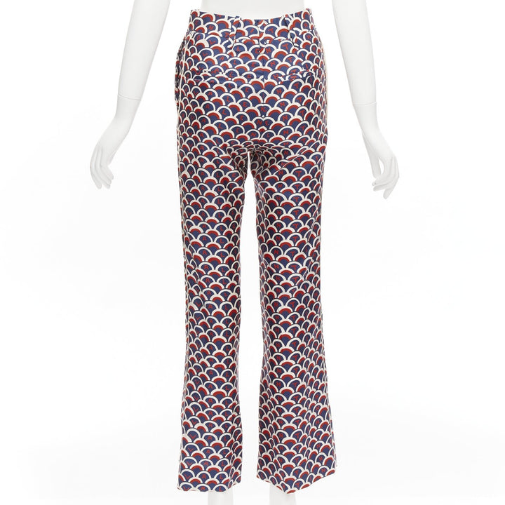 VALENTINO 100% silk  scallop print logo print navy red flared pants IT36 XXS