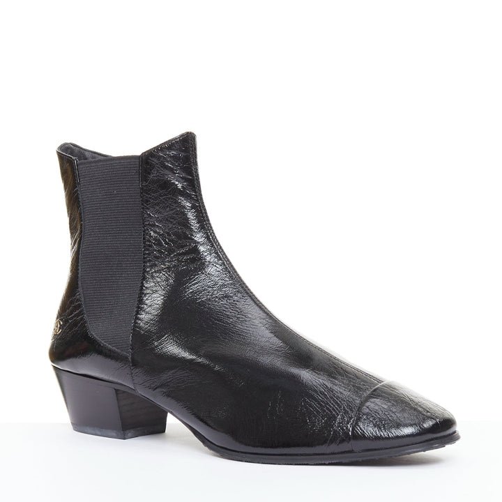 CHANEL 2019 Lami Fantasy black crinkled calfskin gold CC  chelsea boots EU39.5