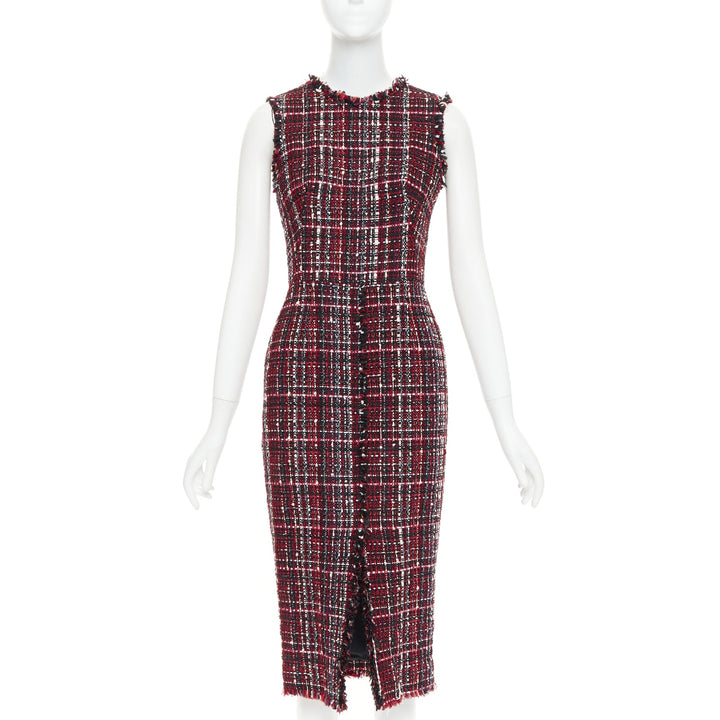 ALEXANDER MCQUEEN 2018 red black tartan tweed front slit shift dress IT38 XS