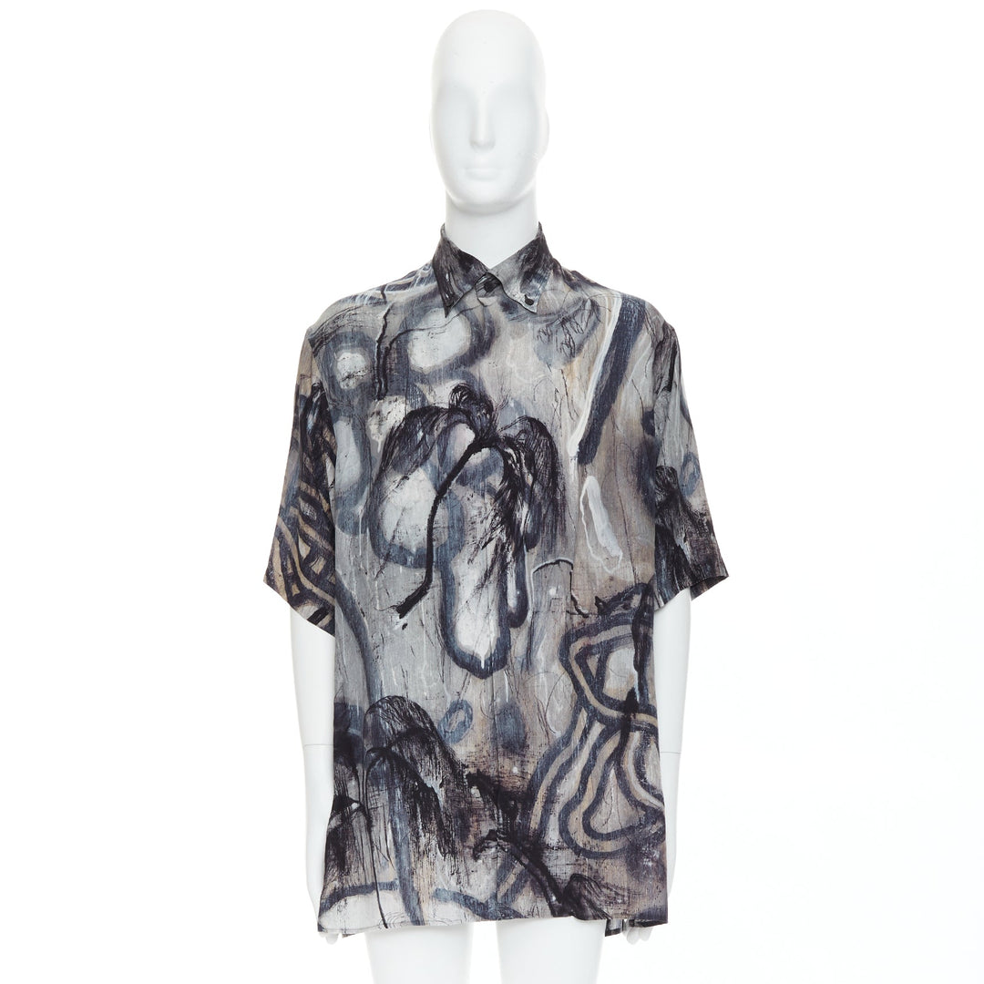 YOHJI YAMAMOTO 100% silk grey beige abstract print relaxed shirt JP2 M