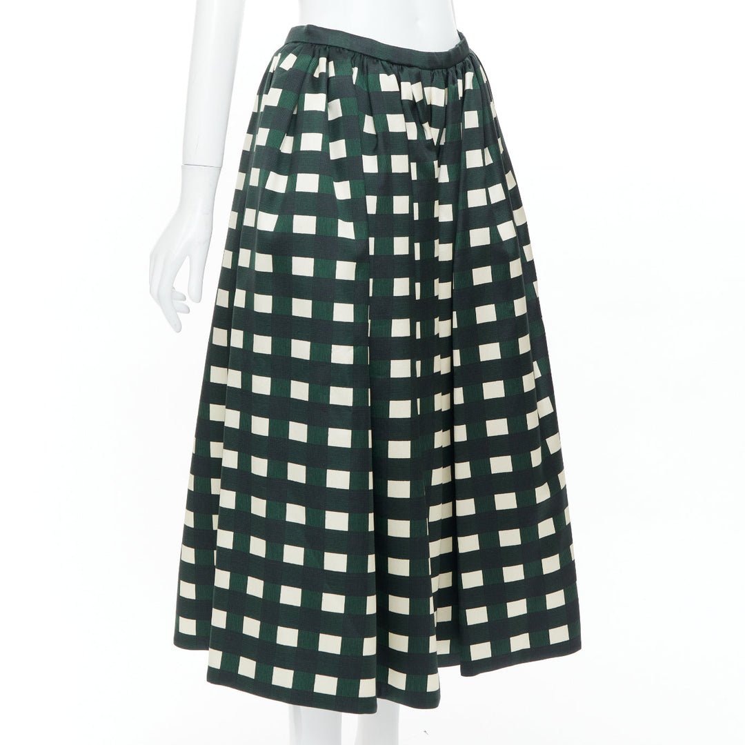 PRADA 2022 Runway green cream check print silk wool full midi skirt IT40 S