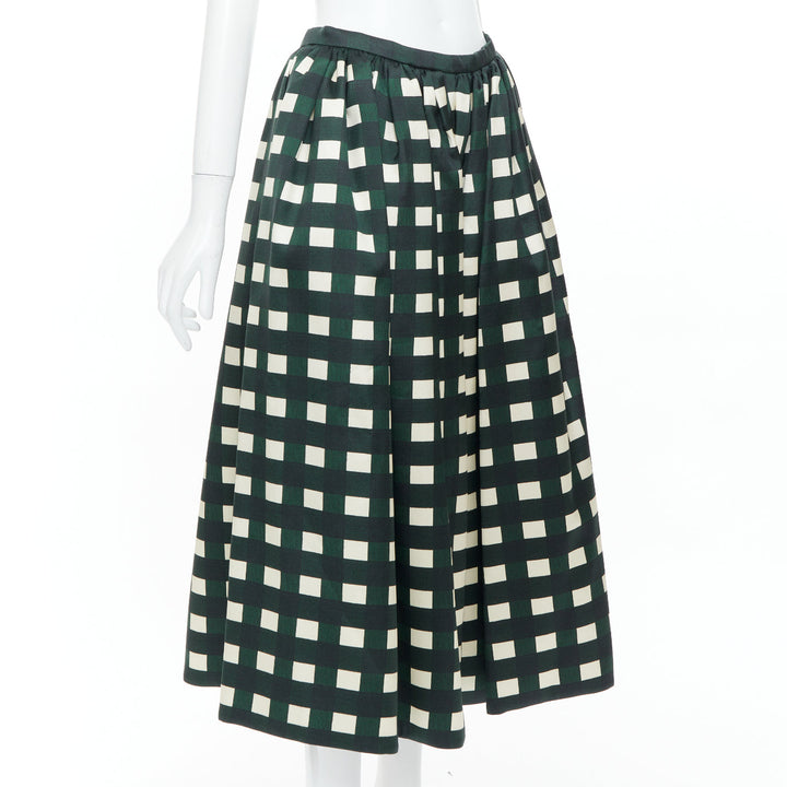 PRADA 2022 Runway green cream check print silk wool full midi skirt IT40 S