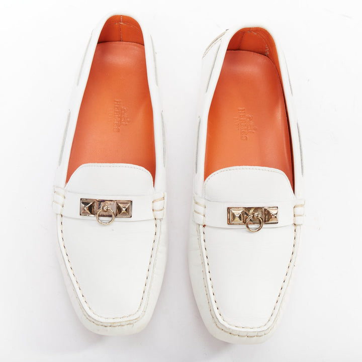 HERMES Irving white swift leather silver stud driving loafers EU35.5