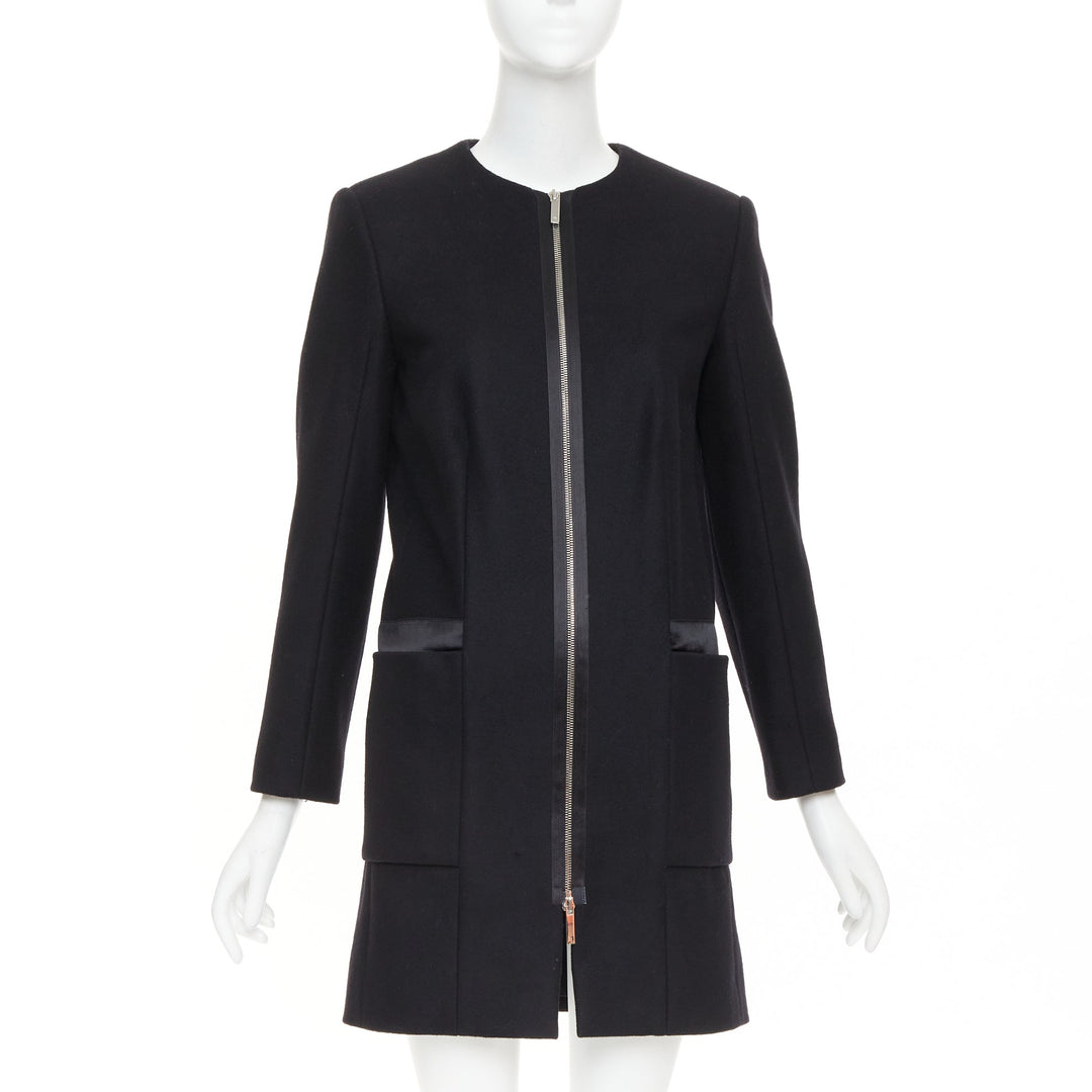 THE ROW black virgin wool blend collarless zip long coat US2 S