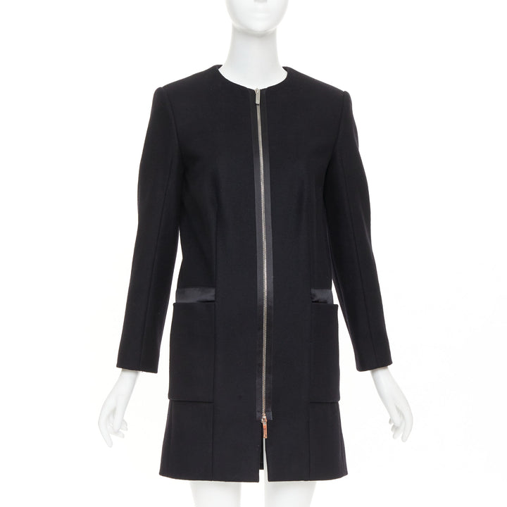 THE ROW black virgin wool blend collarless zip long coat US2 S