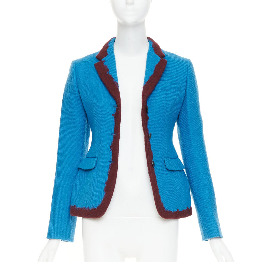 PRADA 2007 Runway turquoise wool raw edge burgundy felt trim blazer IT38 XS