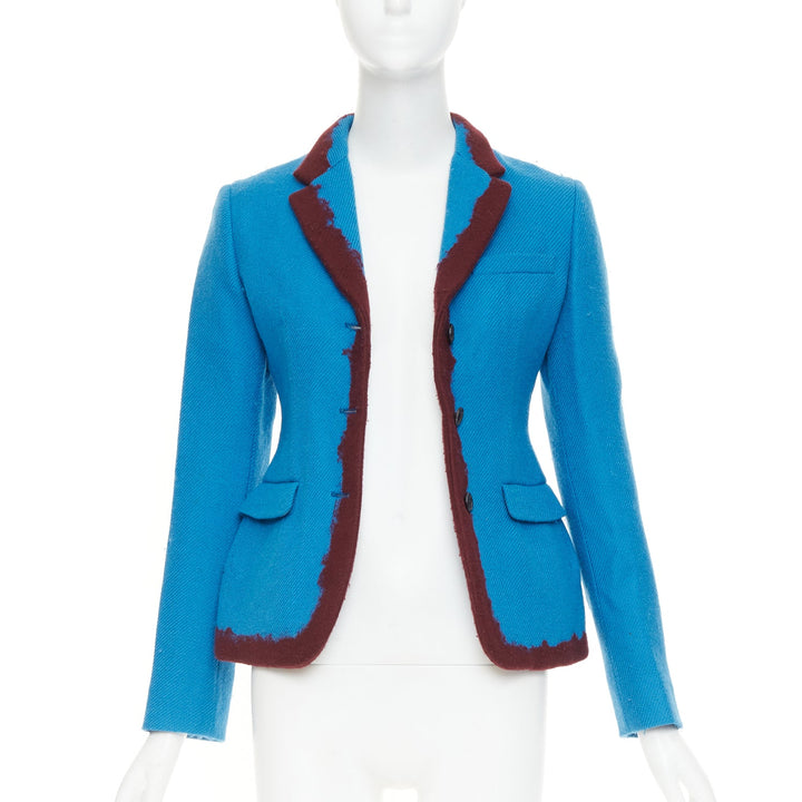 PRADA 2007 Runway turquoise wool raw edge burgundy felt trim blazer IT38 XS