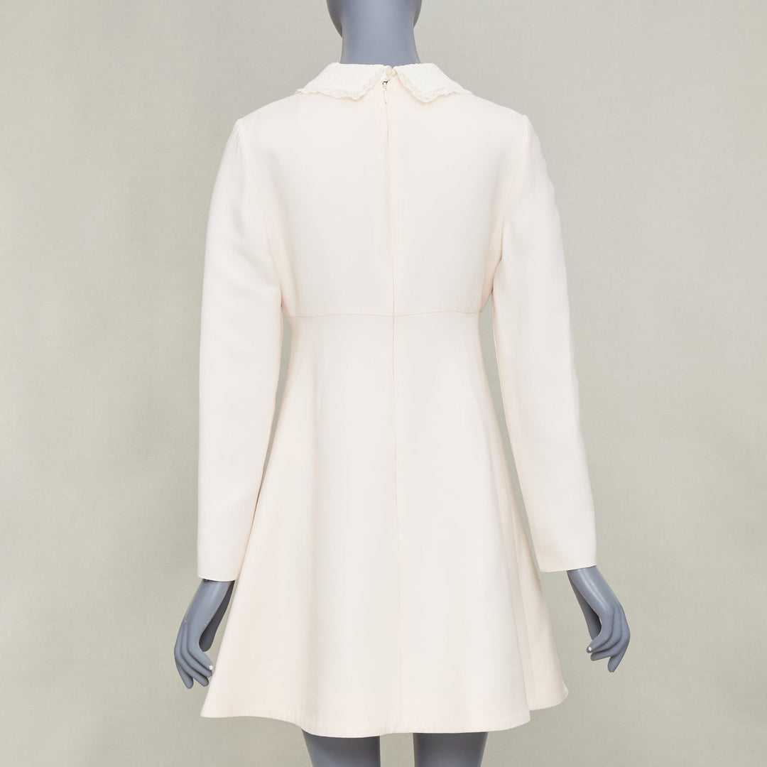 VALENTINO Bridal L'Amour ivory wool crepe silk lace collar A-line dress IT42 M