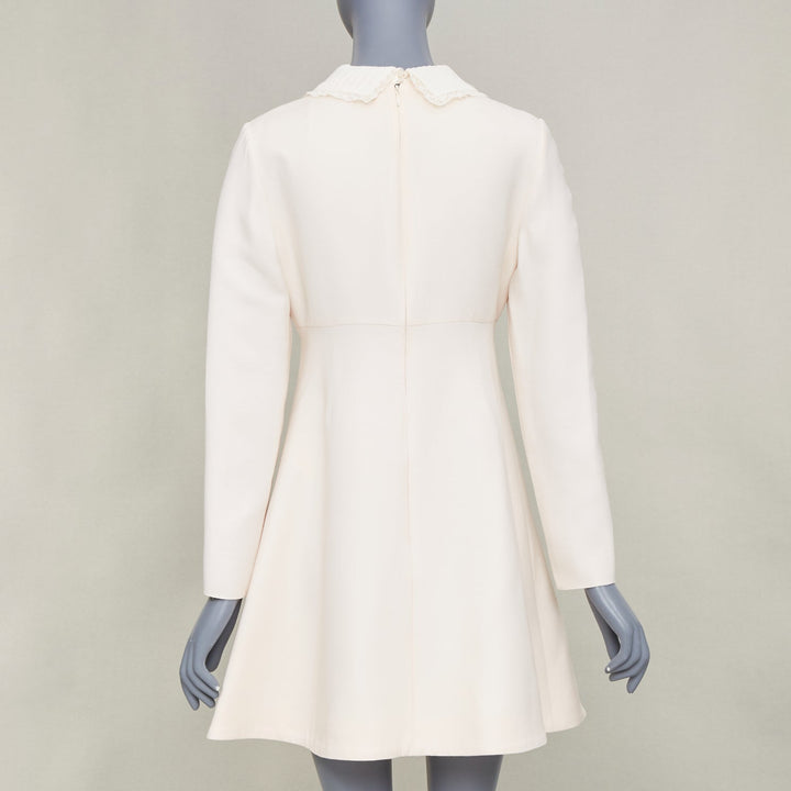 VALENTINO Bridal L'Amour ivory wool crepe silk lace collar A-line dress IT42 M